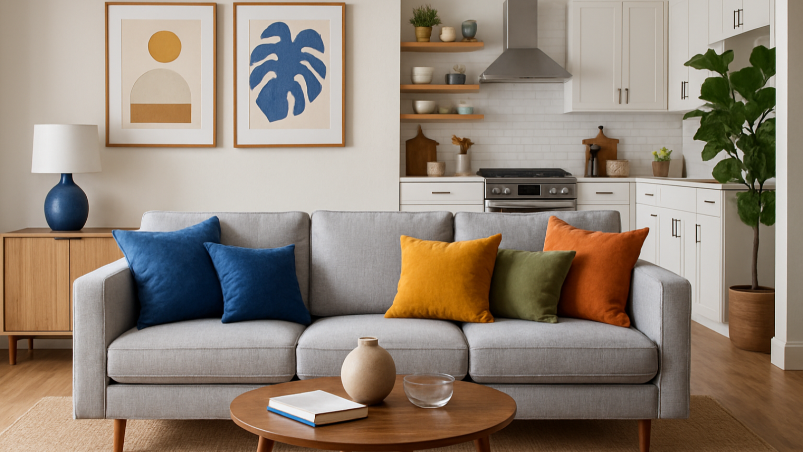 Living room with a gray sofa, colorful cushions, and a coffee table.